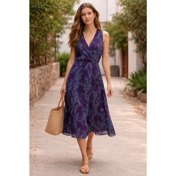Cabi TREASURE Women 8 Purple Paisley Sleeveless Midi Dress - Picture 1 of 11